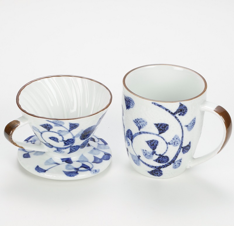 日式手繪咖啡濾杯+馬克杯組-藍藤花