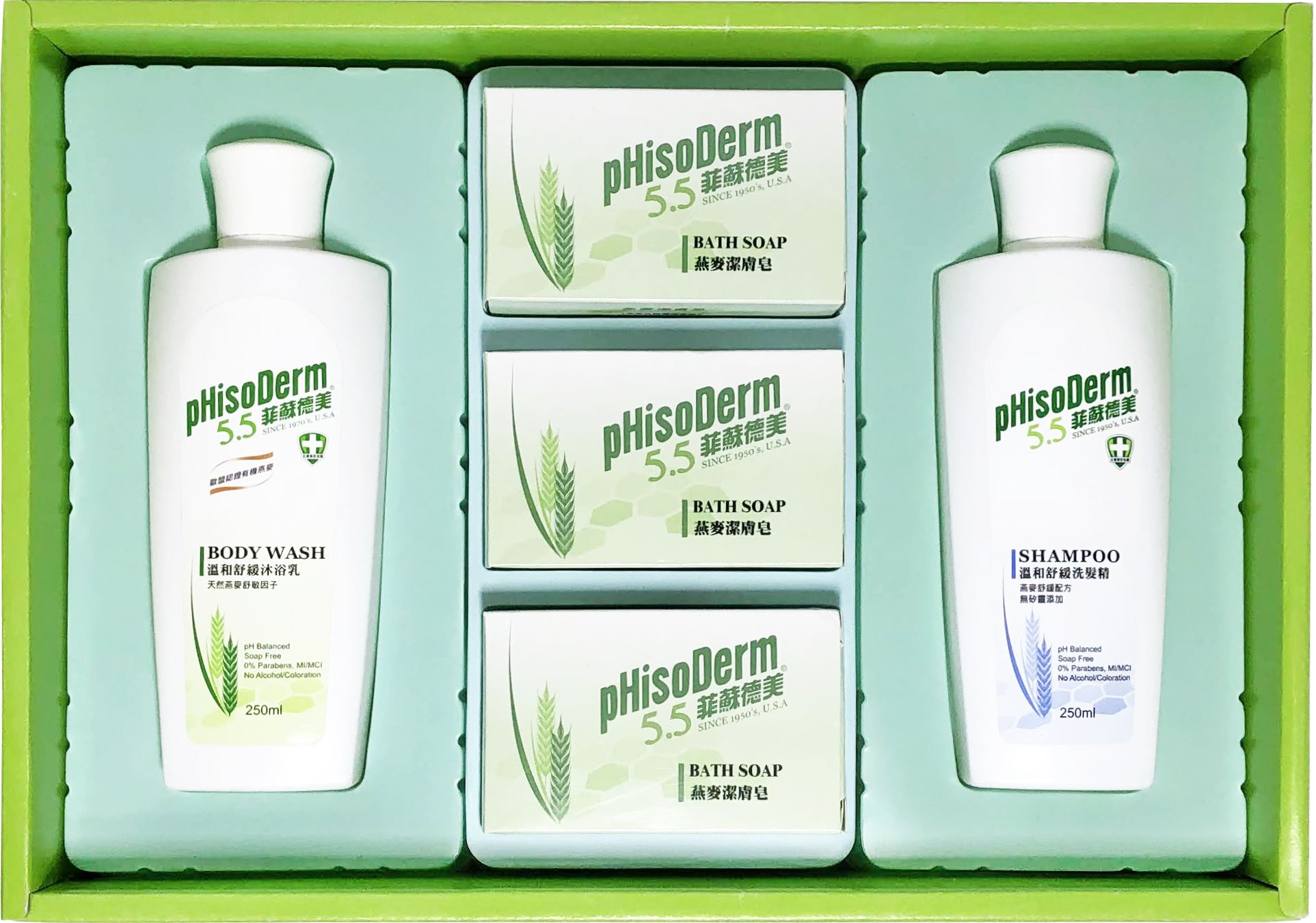 菲蘇德美清潔禮盒-燕麥潔膚皂80g+溫和舒緩洗髮精250ml+溫和舒緩沐浴乳250ml