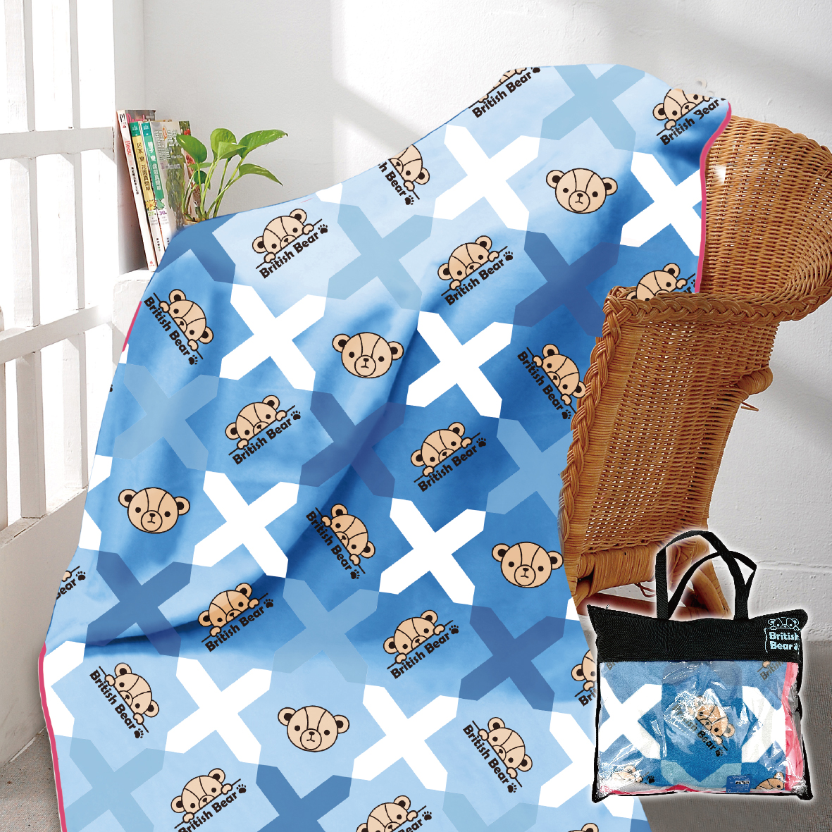 英國熊雙面複合法藍絨毯150*180-提袋