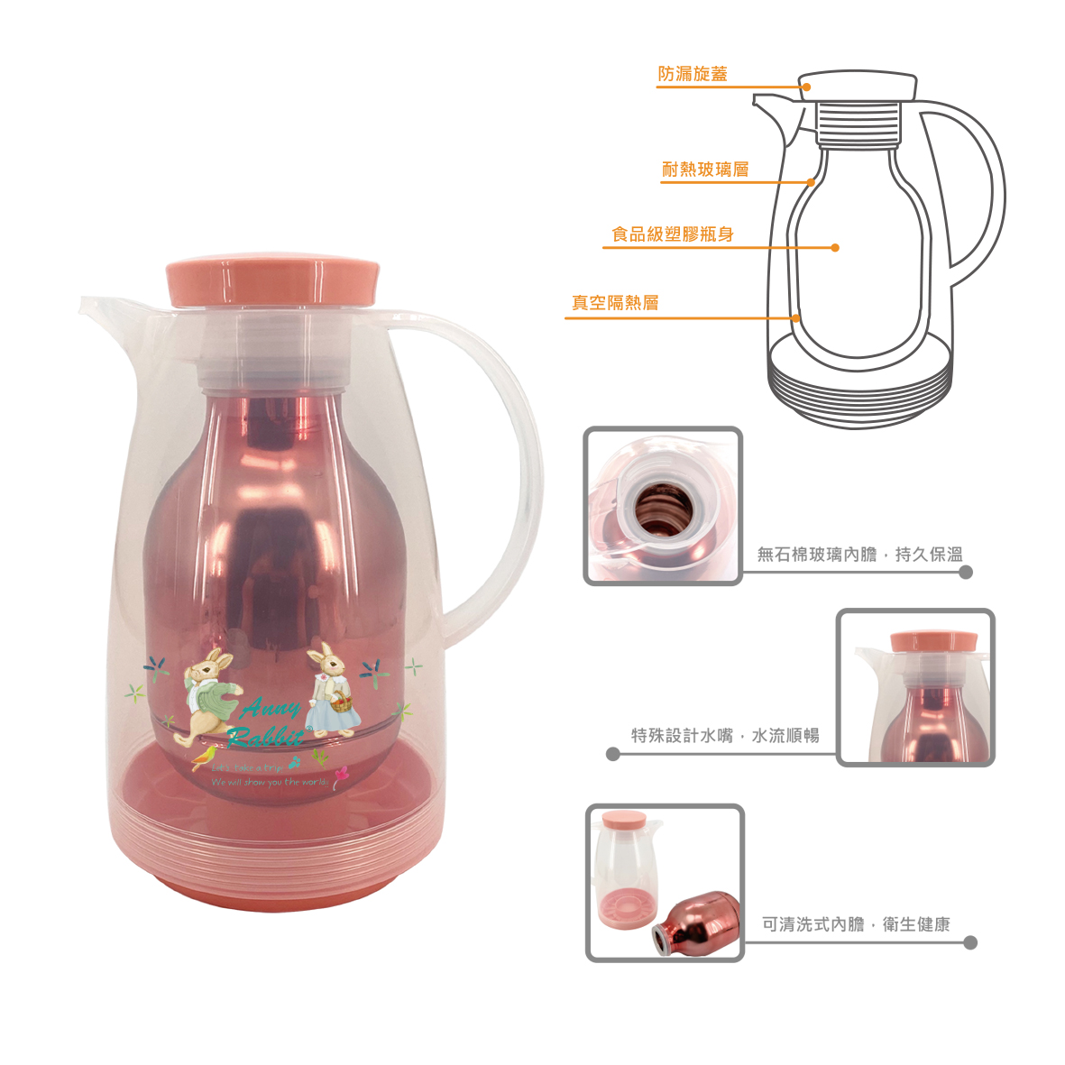 安妮兔炫彩玻璃真空保溫壺1L